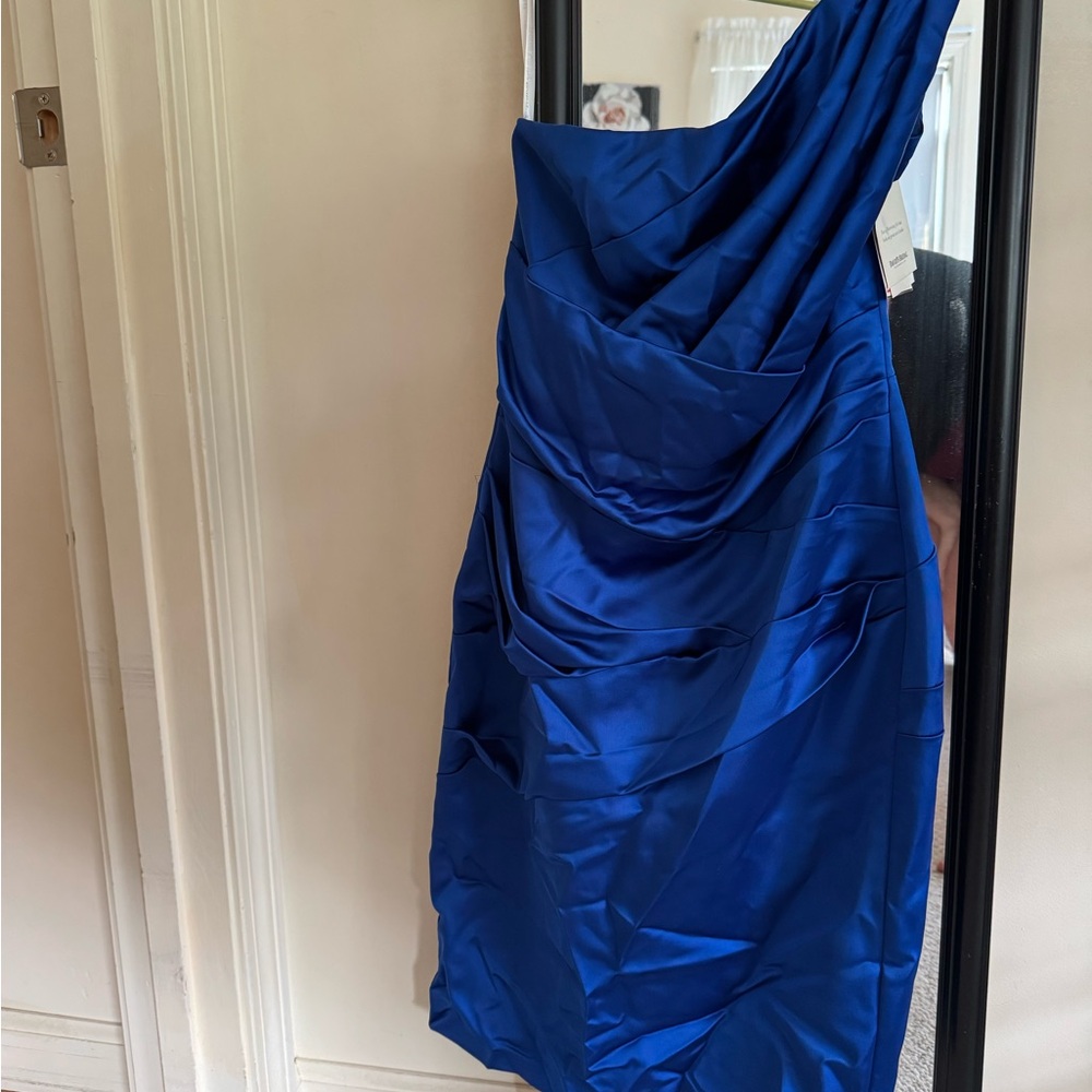 David's Bridal Royal Blue One-Shoulder Dress